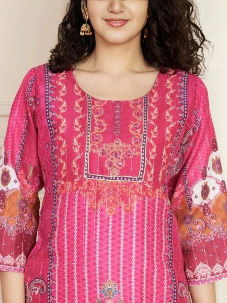 Printed Pure Soft Muslin Pakistani Pink Suit With Dori Embroidery Mirror Work Printed Kurtis