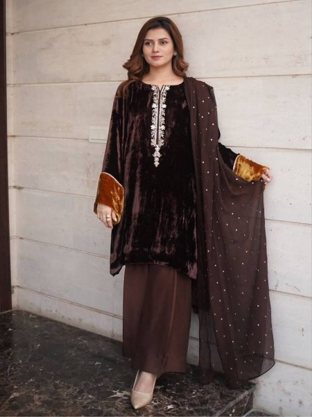Pristine Velvet Embroidery Kurti Plazzo Set With Georgette Dupatta for Wedding Wear  