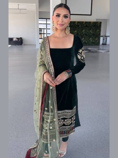 Pristine Viscose Velvet Coding Sequence Embroidered Top with Crepe Silk Pant   Net Dupatta At Manufacturer Rate Kurtis