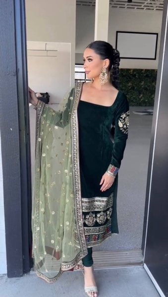 Pristine Viscose Velvet Coding Sequence Embroidered Top with Crepe Silk Pant   Net Dupatta At Manufacturer Rate  Straight Cut Long Kurtis