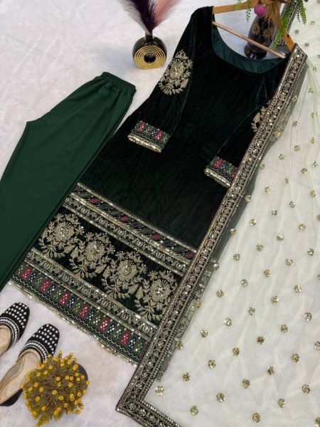 Pristine Viscose Velvet Coding Sequence Embroidered Top with Crepe Silk Pant   Net Dupatta At Manufacturer Rate  Straight Cut Long Kurtis