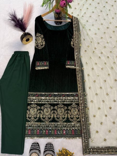 Pristine Viscose Velvet Coding Sequence Embroidered Top with Crepe Silk Pant   Net Dupatta At Manufacturer Rate  Straight Cut Long Kurtis