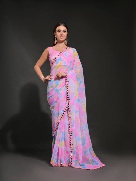 Prizam Printed Chiffon Georgette Saree with Foil Mirror Embroidery Wholesale Ready to Wear Collection at Lowest Price  Pure Chiffon Sarees Wholesale