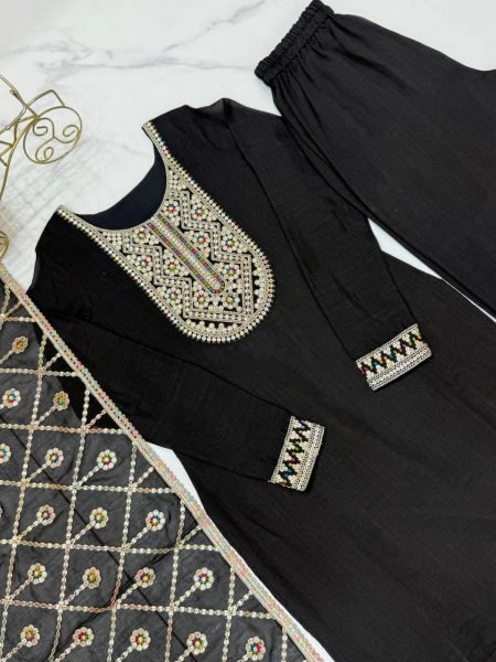Pure Blooming Vichitra Silk Kurta Set with Embroidery and Lace Dupatta 3 Piece Kurti Set