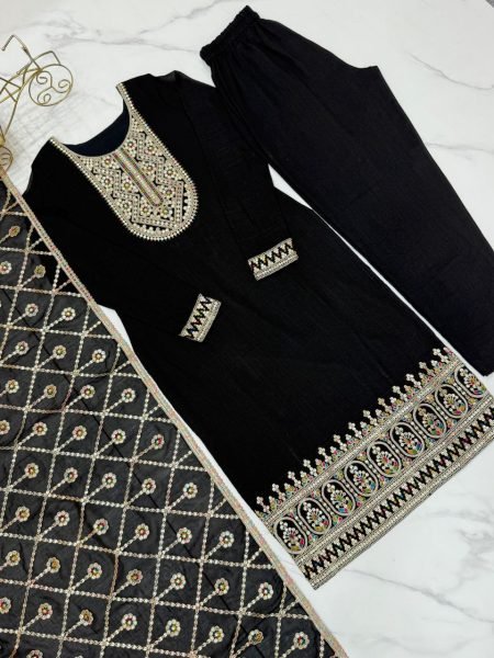 Pure Blooming Vichitra Silk Kurta Set with Embroidery and Lace Dupatta 3 Piece Kurti Set