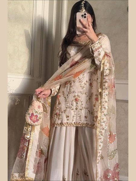 Pure Chinon Sharara Suit with Heavy Embroidery Fully Stitched Outfit for Cultural Events  Ready To Wear Suit