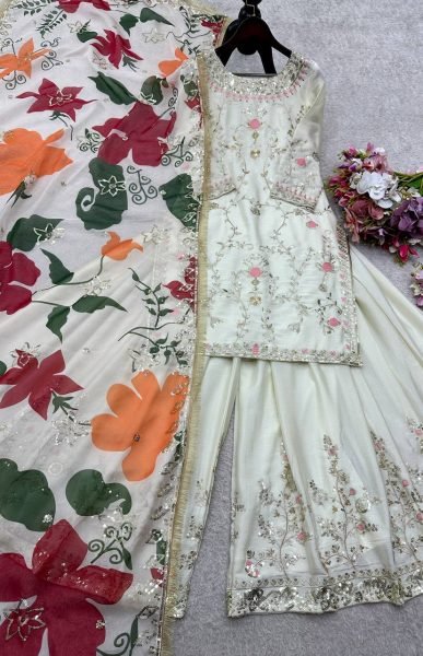 Pure Chinon Sharara Suit with Heavy Embroidery Fully Stitched Outfit for Cultural Events  Ready To Wear Collection