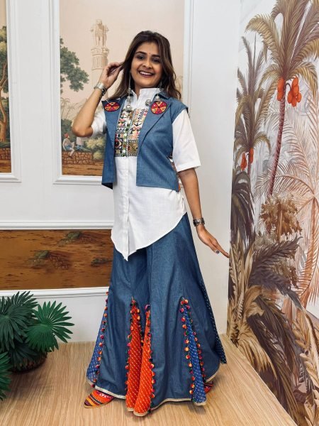 Pure Cotton Denim Koti Shirt Palazzo Set with Mirror Work For Navrati 
