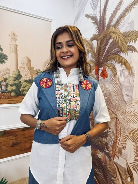 Pure Cotton Denim Koti Shirt Palazzo Set with Mirror Work For Navrati 3 Piece Kurti Set