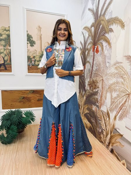 Pure Cotton Denim Koti Shirt Palazzo Set with Mirror Work For Navrati 3 Piece Kurti Set