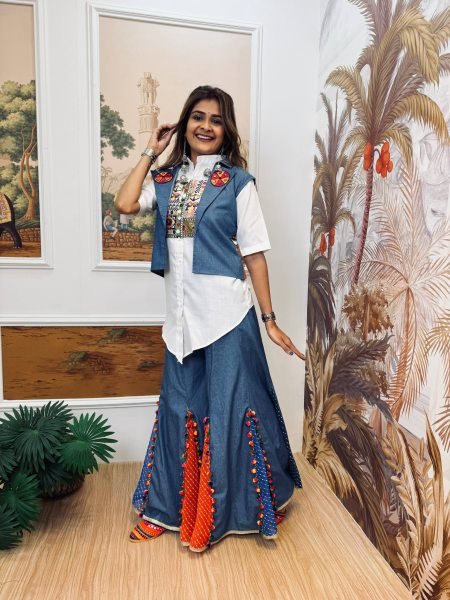 Pure Cotton Denim Koti Shirt Palazzo Set with Mirror Work For Navrati 3 Piece Kurti Set