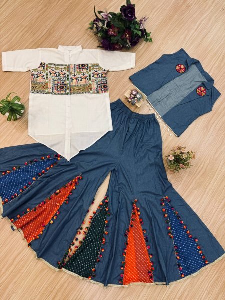 Pure Cotton Denim Koti Shirt Palazzo Set with Mirror Work For Navrati 3 Piece Kurti Set
