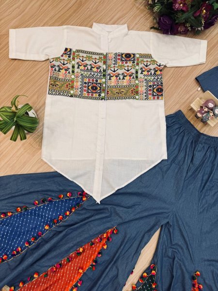Pure Cotton Denim Koti Shirt Palazzo Set with Mirror Work For Navrati 3 Piece Kurti Set