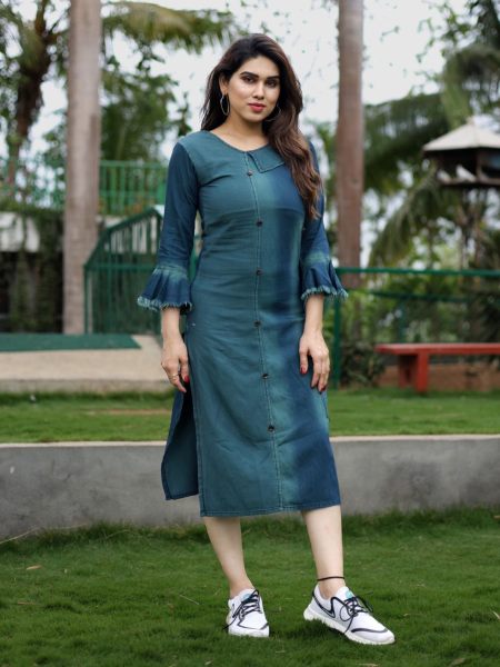 Twara dark blue intricate foil printed motifs 3/4th sleeve cotton straight cut  long kurti