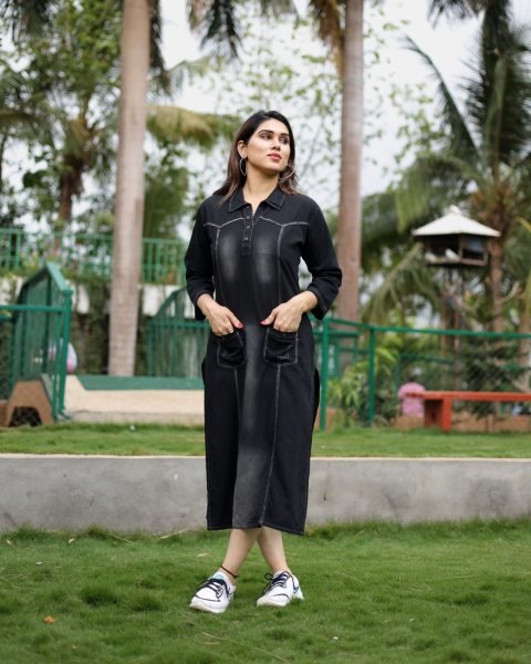 PURE COTTON DENIM WITH STYLISH WASHING EFFECT KURTi  Straight Cut Long Kurtis