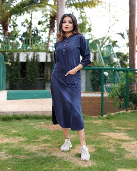 PURE COTTON DENIM WITH STYLISH WASHING EFFECT KURTi  Straight Cut Long Kurtis
