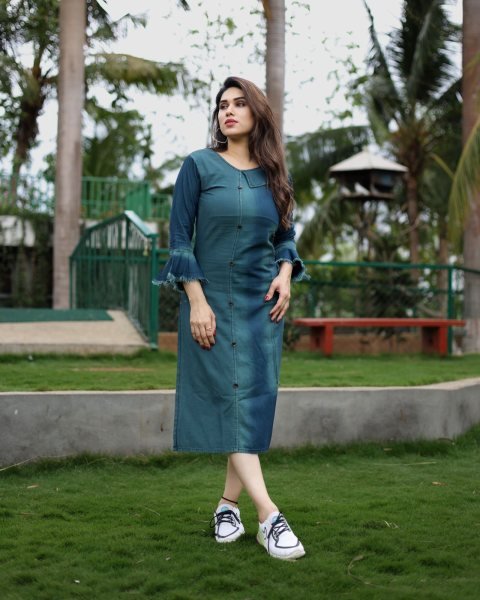 PURE COTTON DENIM WITH STYLISH WASHING EFFECT KURTi  Straight Cut Long Kurtis