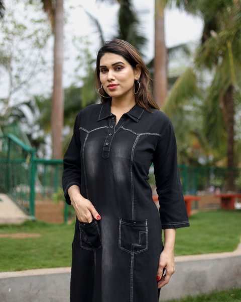 PURE COTTON DENIM WITH STYLISH WASHING EFFECT KURTi  Straight Cut Long Kurtis
