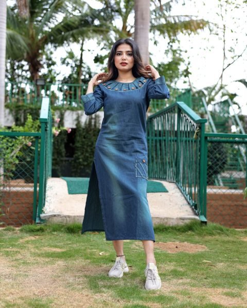 PURE COTTON DENIM WITH STYLISH WASHING EFFECT KURTi  Straight Cut Long Kurtis