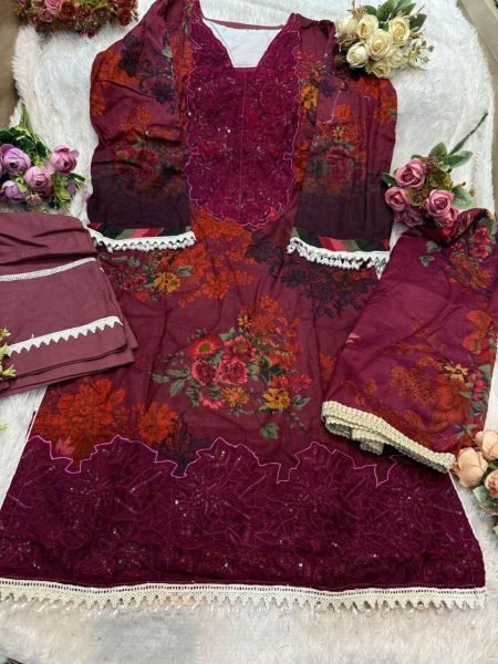 Pure Cotton Embroidered Pakistani Suit with Floral Chiffon Dupatta Perfect for Festive  Pakistani Suits Wholesale