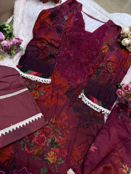 Pure Cotton Embroidered Pakistani Suit with Floral Chiffon Dupatta Perfect for Festive  Pakistani Suits Wholesale