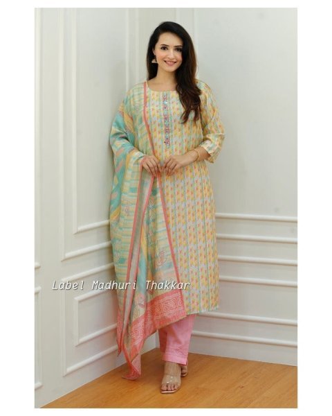 Pure Muslin Cotton Lining  Kurti Pant Set  3 Piece Kurti Set