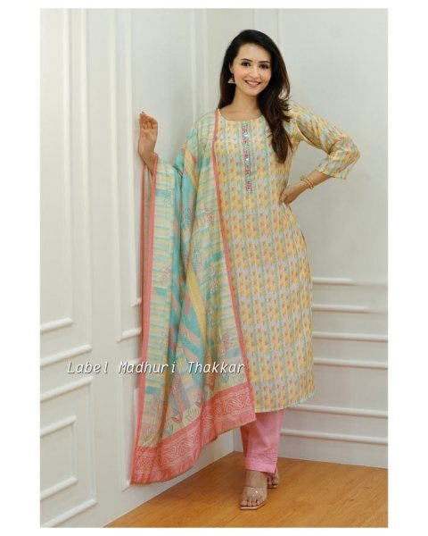 Pure Muslin Cotton Lining  Kurti Pant Set  3 Piece Kurti Set