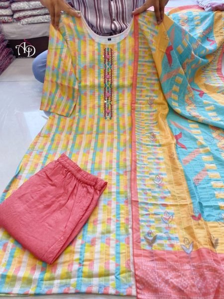 Pure Muslin Cotton Lining  Kurti Pant Set  3 Piece Kurti Set