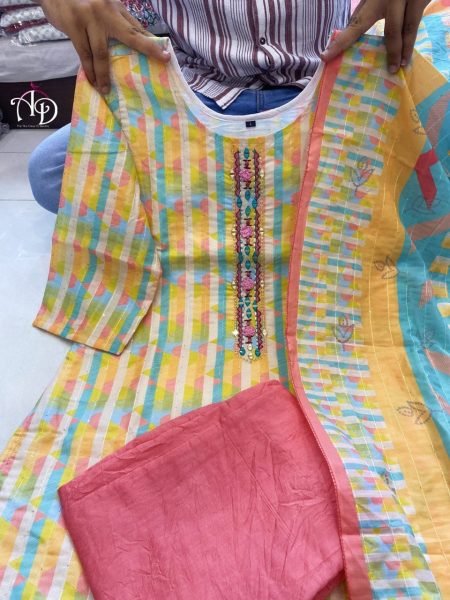 Pure Muslin Cotton Lining  Kurti Pant Set  3 Piece Kurti Set