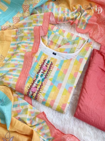 Pure Muslin Cotton Lining  Kurti Pant Set  3 Piece Kurti Set
