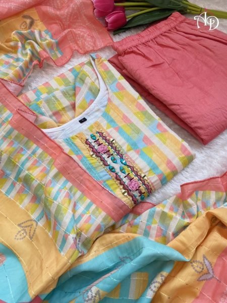 Pure Muslin Cotton Lining  Kurti Pant Set  3 Piece Kurti Set