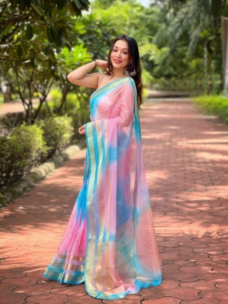 Pure Organza Kerala Checks Saree with Sequence Work Border Festive Wear Organza Sarees Wholesale