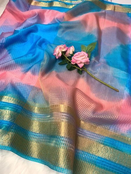 Pure Organza Kerala Checks Saree with Sequence Work Border Festive Wear Organza Sarees Wholesale