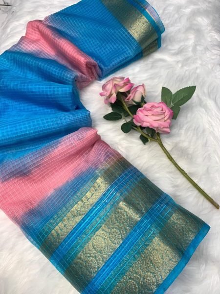 Pure Organza Kerala Checks Saree with Sequence Work Border Festive Wear Organza Sarees Wholesale