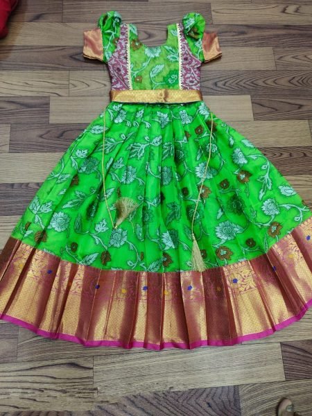 pure  silk febric with  kalamkari kanjivaram  Kids Lehenga Girls Wear
