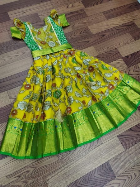 pure  silk febric with  kalamkari kanjivaram  Kids Lehenga Girls Wear
