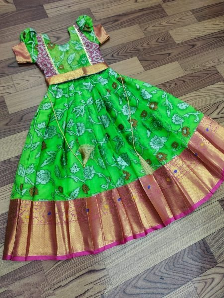 pure  silk febric with  kalamkari kanjivaram  Kids Lehenga Girls Wear