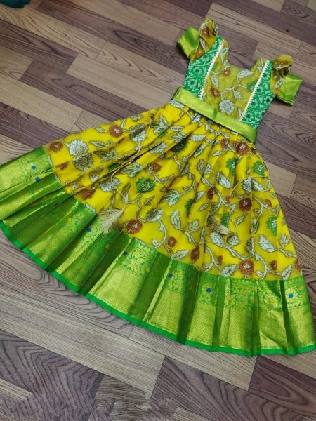 pure  silk febric with  kalamkari kanjivaram  Kids Lehenga Girls Wear