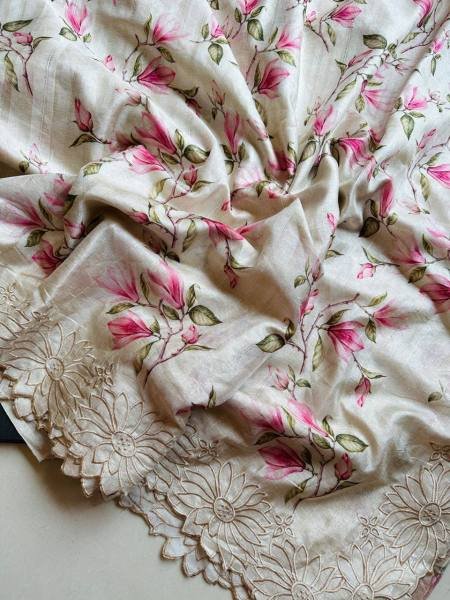 Pure Tussar Silk Saree with Cutwork Border & Floral Pattern 2025 Designer Wedding Sarees Wholesale