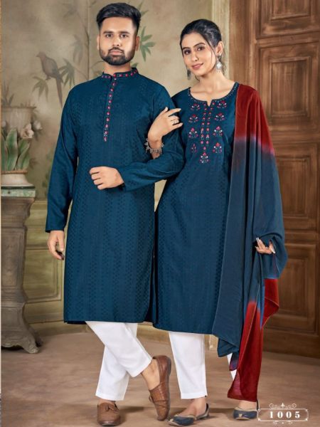 COUPLE GOALS 2.0 FANCY COTTON WEAVING STRIPE EMBROIDERY STYLISH PATTERN BUY  ONLINE LATEST EXCLUSIVE DESIGNER DIWALI SPECIAL PARTY WEAR READYMADE COUPLE  DRESSES BEST COMBO SET AT BEST RATE SUPPLIER IN INDIA USA -