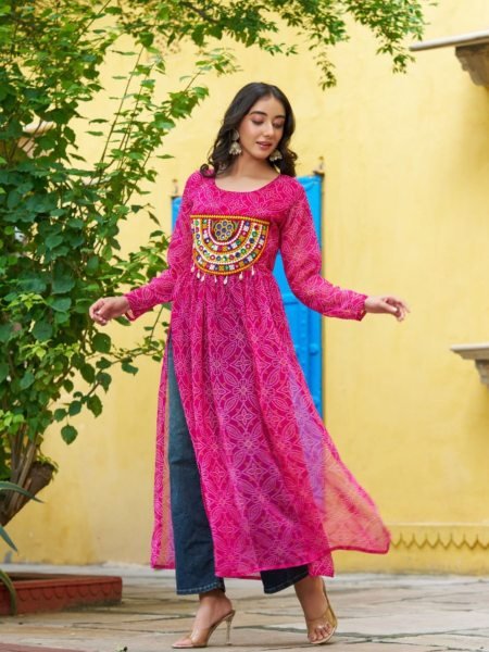 Vibrant Hot Pink Bandhani Georgette Gown with Gamthi Patchwork Readymade for Dandiya  