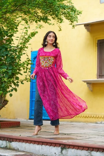 Vibrant Hot Pink Bandhani Georgette Gown with Gamthi Patchwork Readymade for Dandiya  Navratri Collection
