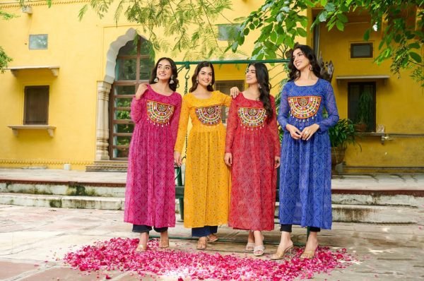 Vibrant Hot Pink Bandhani Georgette Gown with Gamthi Patchwork Readymade for Dandiya  Navratri Collection