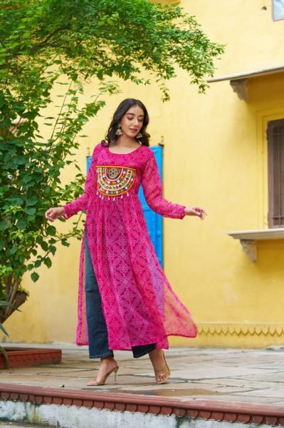 Vibrant Hot Pink Bandhani Georgette Gown with Gamthi Patchwork Readymade for Dandiya  Navratri Collection