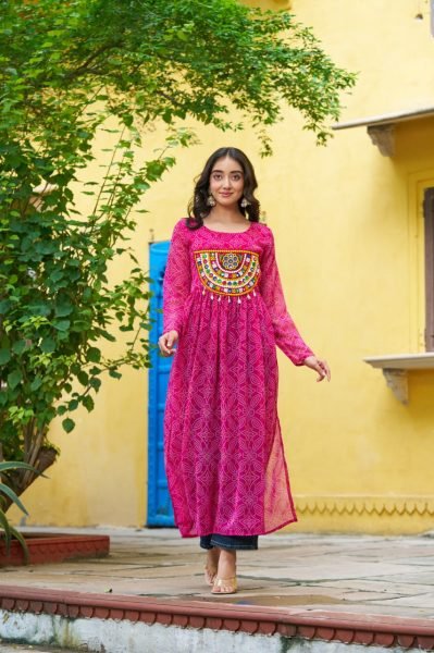 Vibrant Hot Pink Bandhani Georgette Gown with Gamthi Patchwork Readymade for Dandiya  Navratri Collection