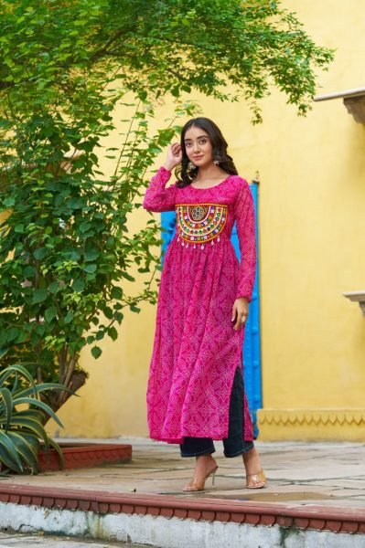 Vibrant Hot Pink Bandhani Georgette Gown with Gamthi Patchwork Readymade for Dandiya  Navratri Collection