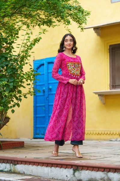 Vibrant Hot Pink Bandhani Georgette Gown with Gamthi Patchwork Readymade for Dandiya  Navratri Collection