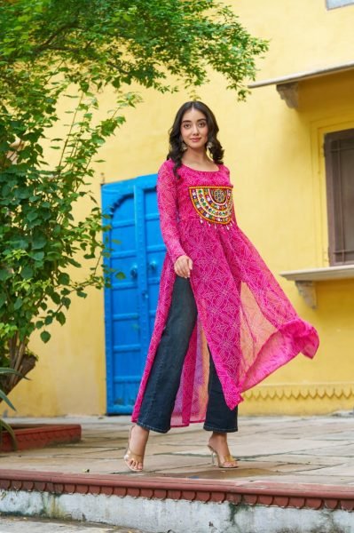 Vibrant Hot Pink Bandhani Georgette Gown with Gamthi Patchwork Readymade for Dandiya  Navratri Collection