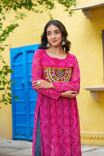 Vibrant Hot Pink Bandhani Georgette Gown with Gamthi Patchwork Readymade for Dandiya  Navratri Collection