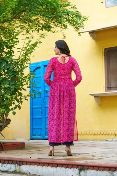 Vibrant Hot Pink Bandhani Georgette Gown with Gamthi Patchwork Readymade for Dandiya  Navratri Collection